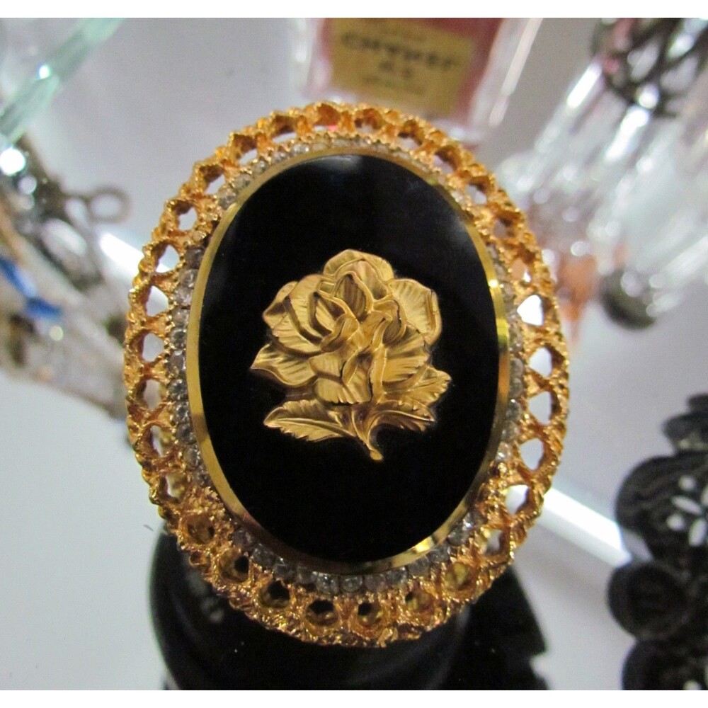 Vintage Juliana Celebrity Brooch Pendant Gold Black Rose Cameo Rhinestone